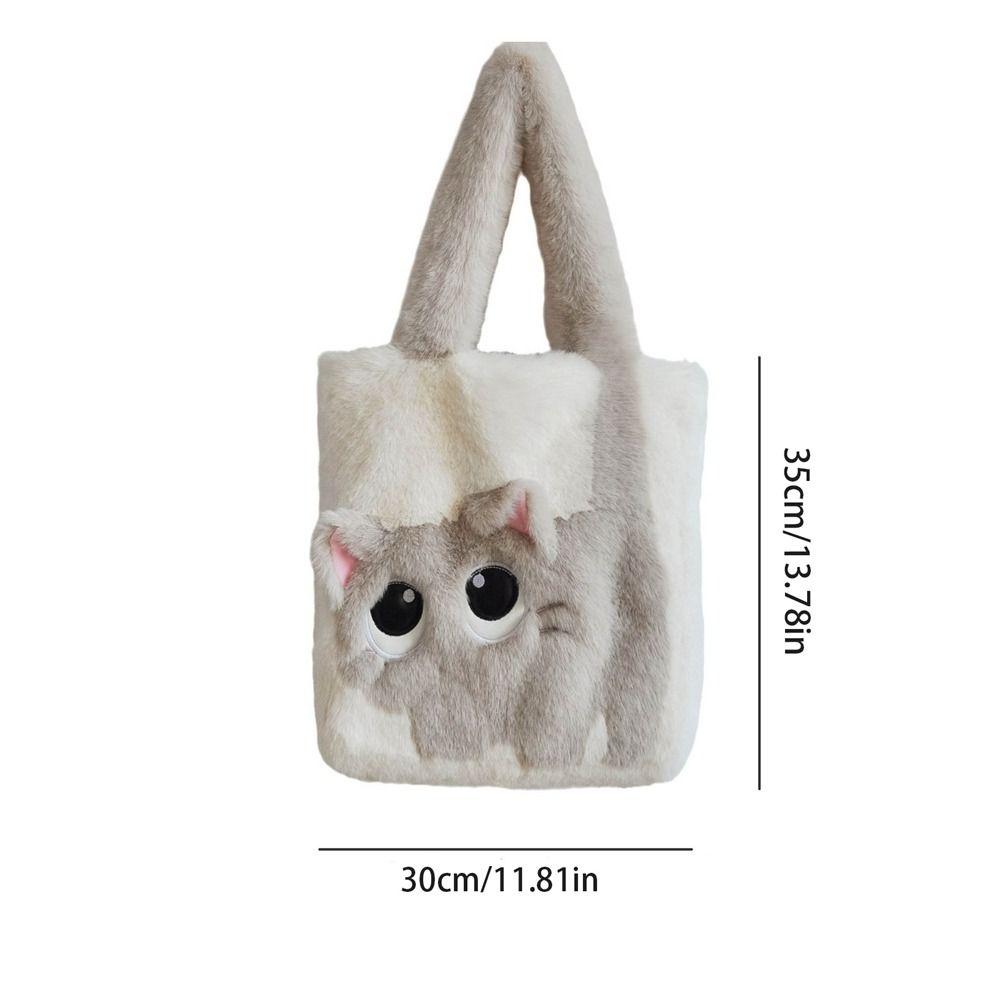 Handbag Cartoon Cat Shoulder Bag Large Capacity Furry Tote Bag Lightweight Plush Bag  Autumn Winter