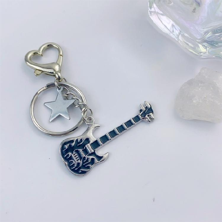 Guitar Pendant Keychain with Shimmering Stones Metal Keyring Sweet Cool Girls Key Chain Lightweight Jewelry for Bag