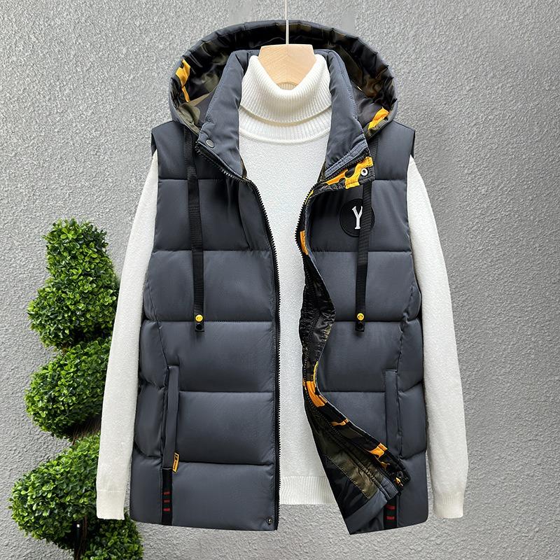 

Пуховый жилет мужской повседневный осенне-зимний утолщенный теплый верхний жилет синий жилет с капюшоном куртка тренд 5XL (175-95 kg) серый