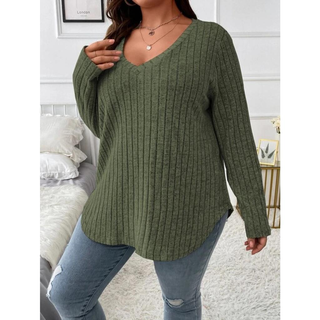 Top informal de punto acanalado vertical de manga larga con cuello en V para mujer, holgado, talla grande
