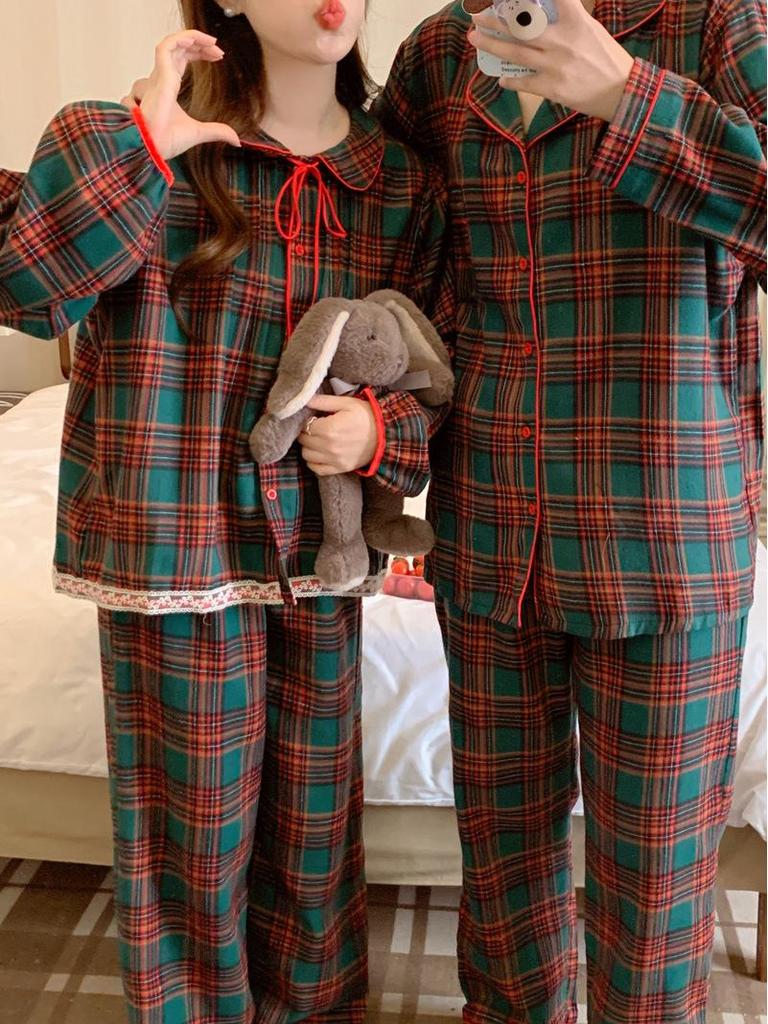 Корейський картатий різдвяний піжамний комплект для дівчаток - комірець Пітера Пена, довгий рукав та штани, осінньо-зимовий домашній одяг