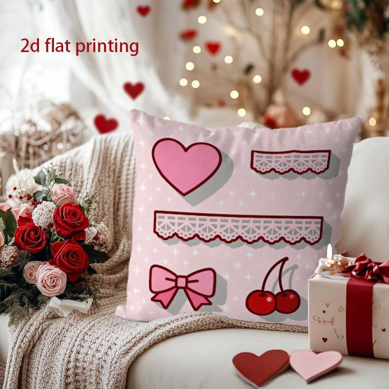 Heart, Bow & Cherry Decorative Pillow Cover Pattern Cushion Cover Suitable for Sofa Bedroom Car Pillow Cover