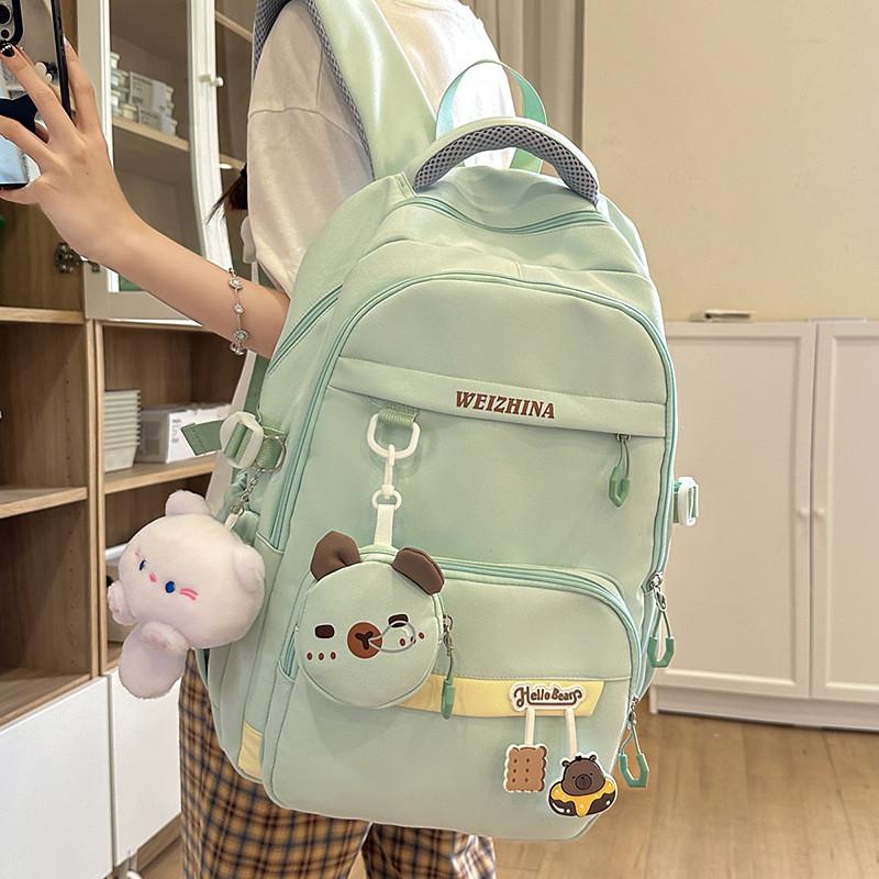 Color Solid Simple Letter Pattern Student Backpack With Decoration Pendant