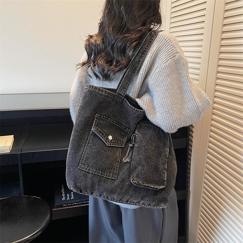New Denim Solid Color Zipper Shoulder Bags  Large Capacity Women's Handbags High Quality Sweet Daily Commute Handbags