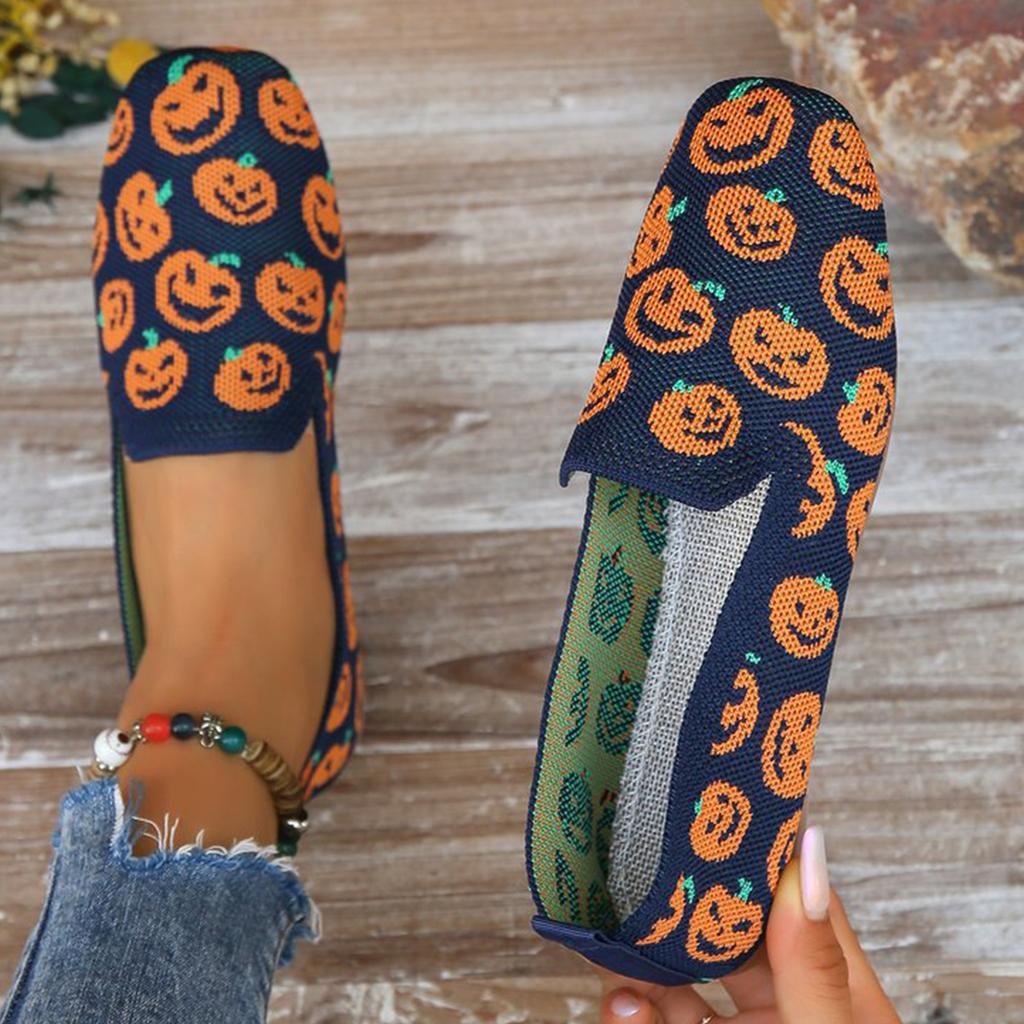 Women's Halloween Pumpkin Knit Flats Round Toe Comfort Shoes for Casual Costume Party