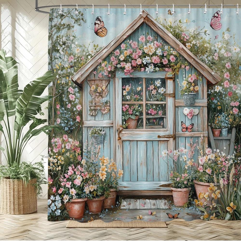 Beautiful Country Garden Flowers House Style Printed Fabric Shower Curtain Bathroom Curtain,home Decoration Curtain with Hooks