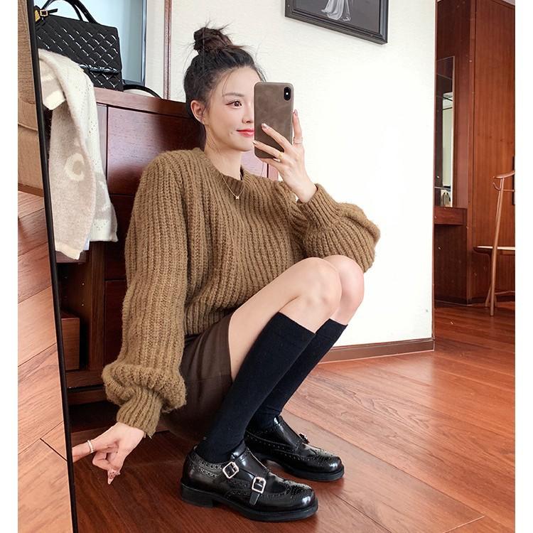 Cowhide version~ genuine leather one-pedal platform loafers women's British style engraved brock small leather shoes lazy single shoes