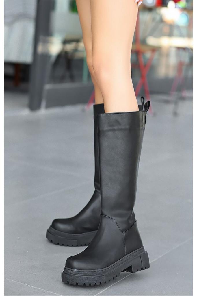Cizme moderne și elegante pentru femei Ghete din piele artificială Mimas cu toc plat, fermoar lateral, cu șireturi, cizme până la genunchi