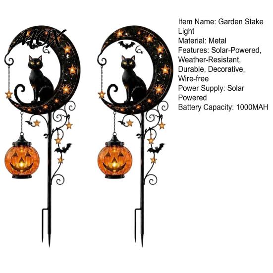 Halloween Pathway Stakes for Walkways Solar Garden Stake Light, Metal Black Cat & Pumpkin Moon Waterproof Crescent Lights Decorations Lawn Patio Yard