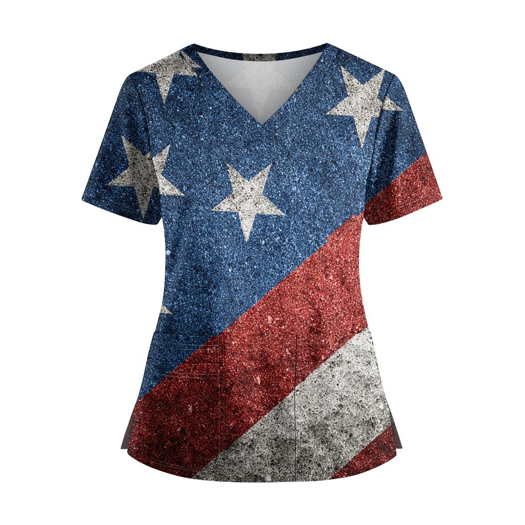 Uniforme Feminino com Estampa do Dia da Independência, Gola V, Bolsos Duplos, Manga Curta e Barra com Fenda - Top para Cuidador