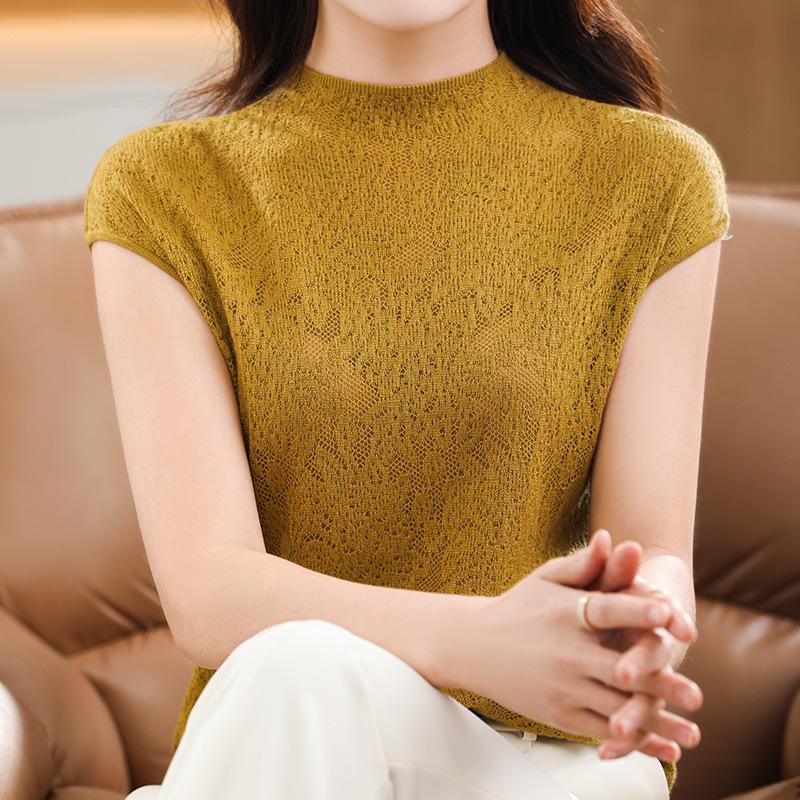 Maglia lavorata a maglia con pizzo, lana pettinata, maniche corte, da donna, estiva, collo mezzo alto, traforata, versatile, snellente, T-shirt a maniche corte, top