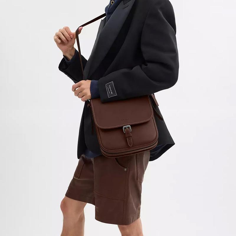Coach Hitch 23 Magnetic Snap Pocket Natural Grain Leather Shoulder Crossbody Bag Medium Men Bags Dark-Brown CV979-MPL