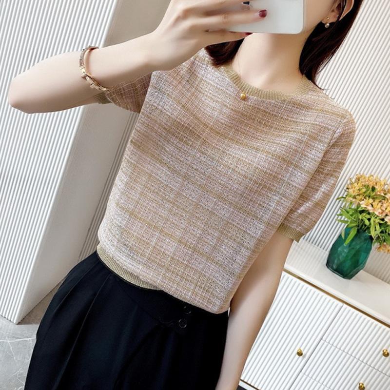 Qooth Women Plaid Knitted Base Shirt Office Lady Fashion Elegant Slim Short Sleeved Knit Top For Spring Summer QT2071
