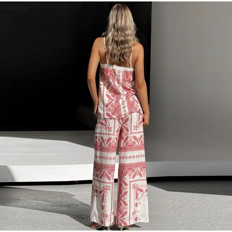 Vintage Print Strap Vest Pants Set Women Sleeveless Backless Tube Top Wide Leg Loose Trousers Female 2025 Fashion Holiday Suit