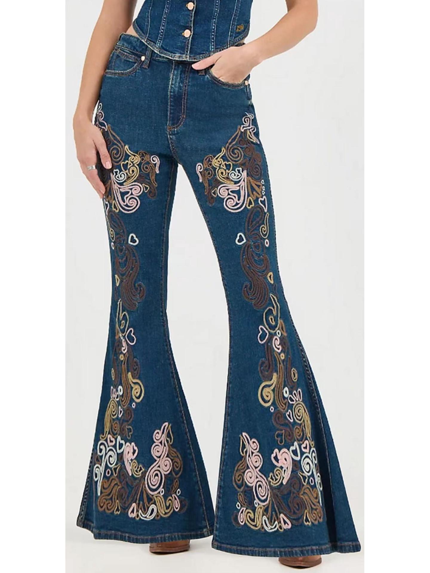 

Embroidered Flare Slimming Jeans for Women - European & American Fashion M павлин голубой
