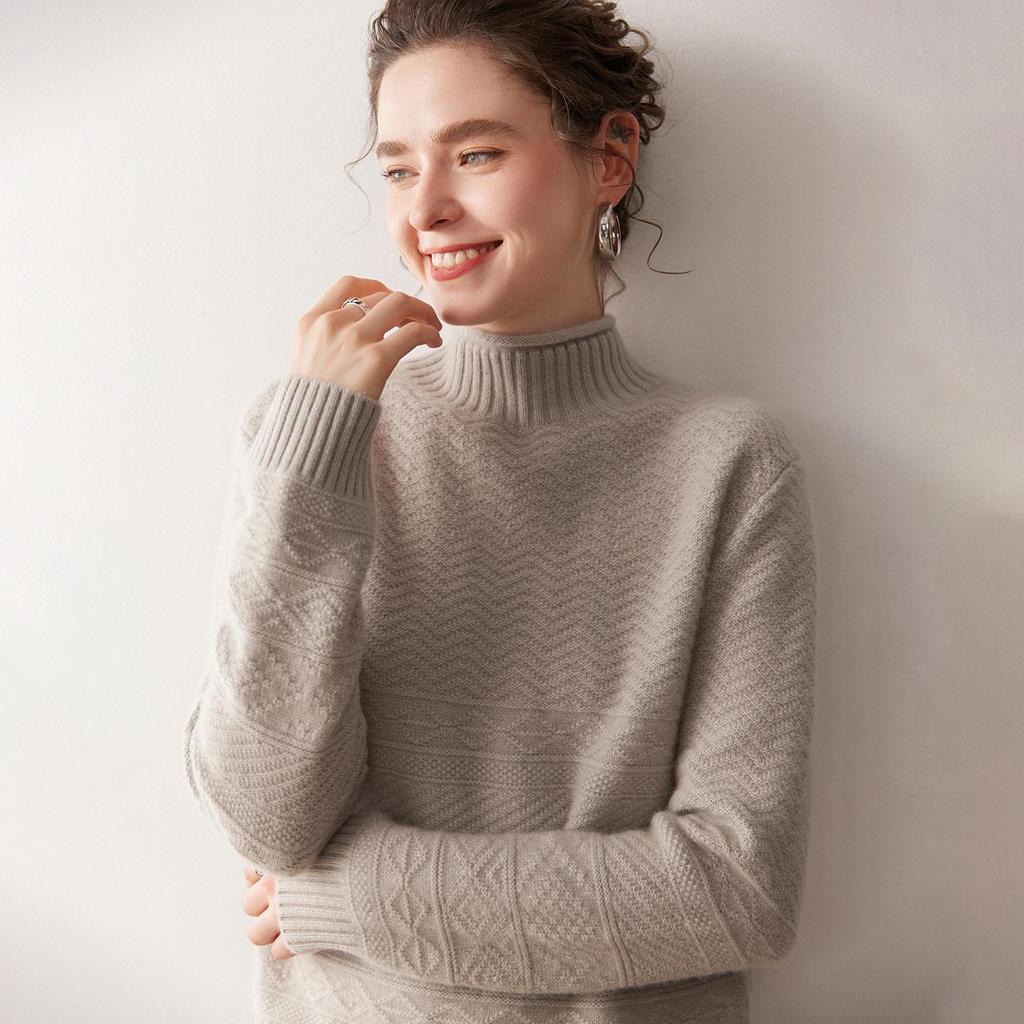 Women's Wave Jacquard Thickened Cashmere Sweater, Solid Color Half-High Neck Knit Top for Autumn/Winter