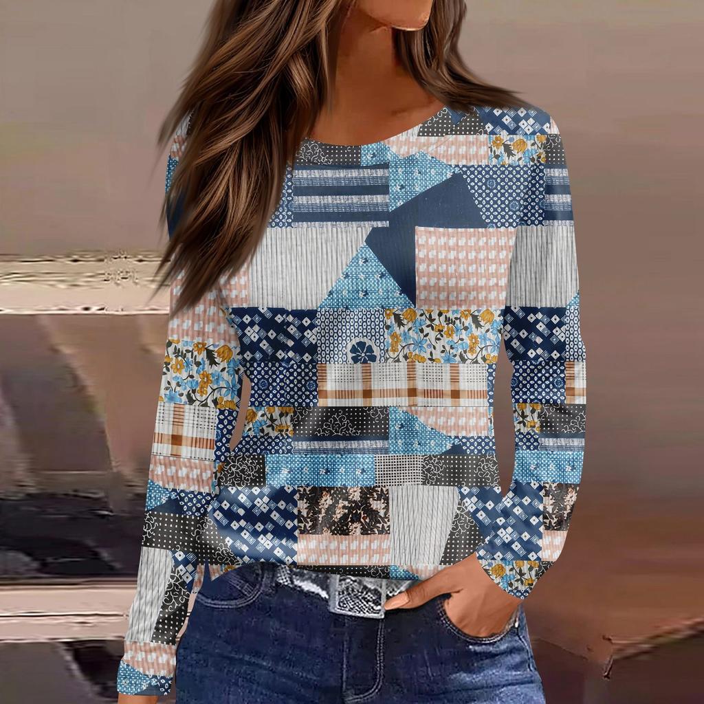 Damen Täglich Lässig Langärmlig Bedruckt O-Ausschnitt Oberteil