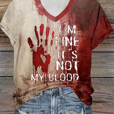 Letter & Blood Print V Neck T-shirt, Casual Short Sleeve Top For Spring & Summer, Women's Clothing