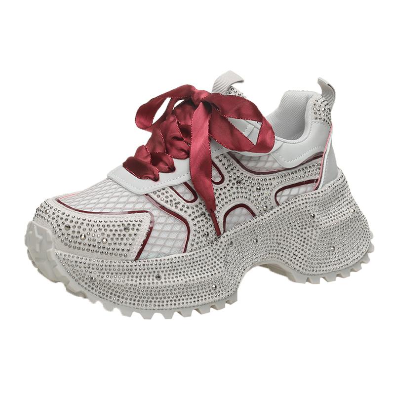 Fashion 7cm Summer Luxury Designer Women Daddy Rhinestone Sneakers Thick Bottoms Mesh Pink Sweet Ladies Tenis Platform Shoes Spring