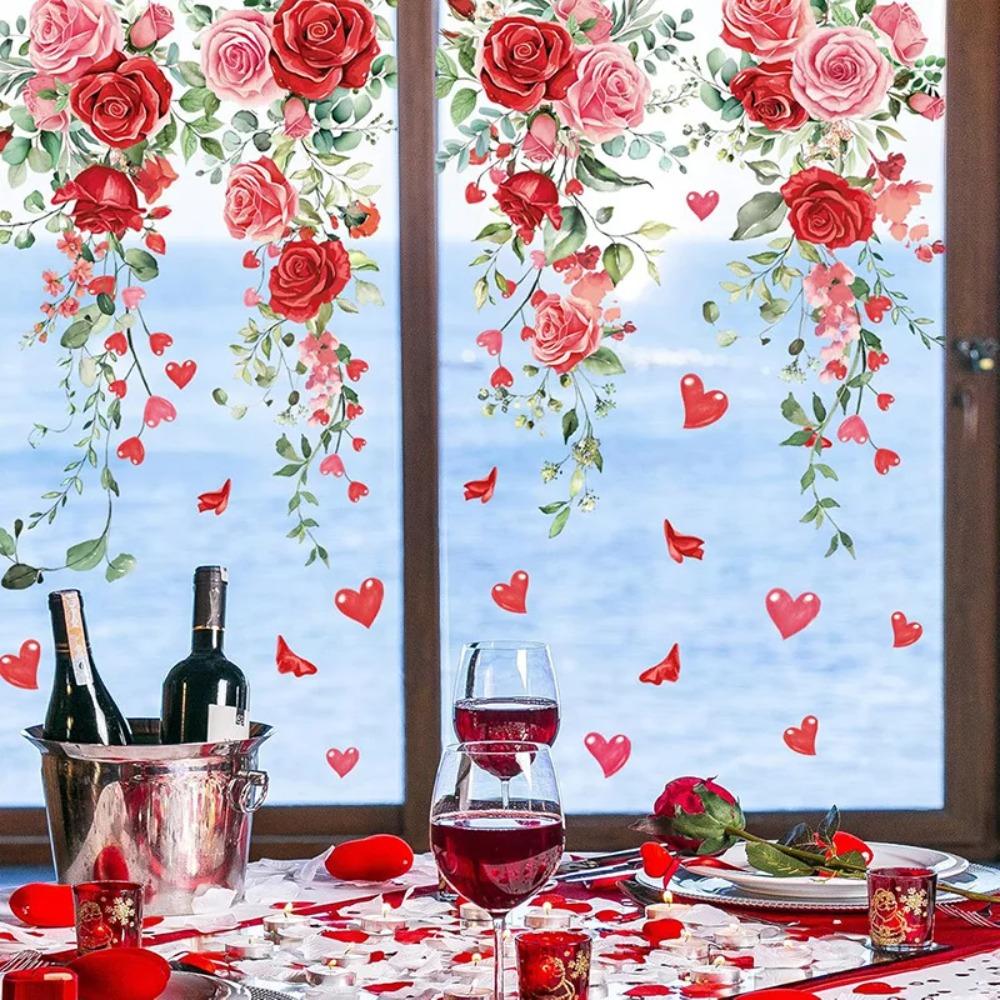 Valentines Day Rose Vine Butterfly Heart Balloon Wall Stickers PVC Self Adhesive Removable Party Wedding Home Decorative Decals