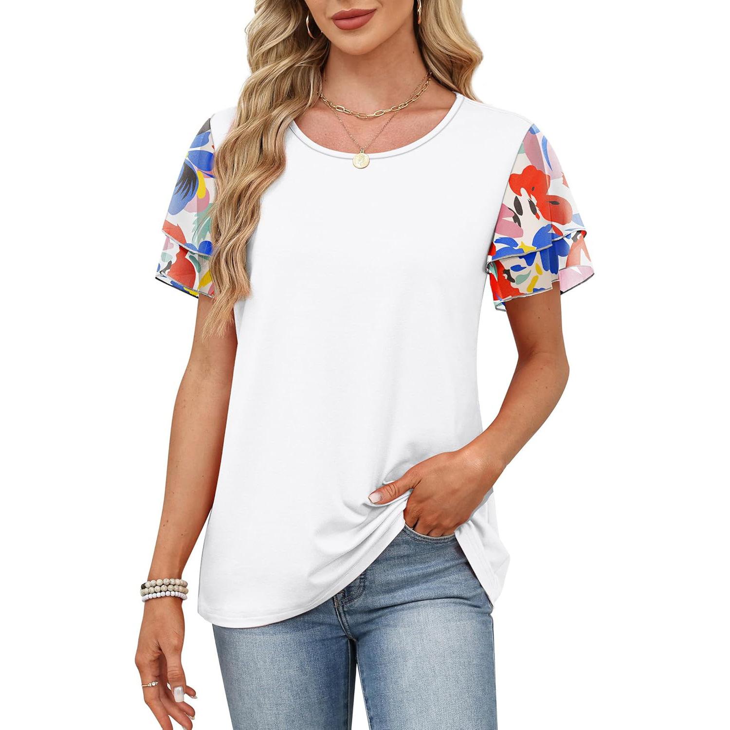 

Женская Повседневная Свободная Футболка с Рукавами-Воланами Цветочный Принт Круглый Вырез Дышащая Летняя Блузка для Повседневной Носки L белый