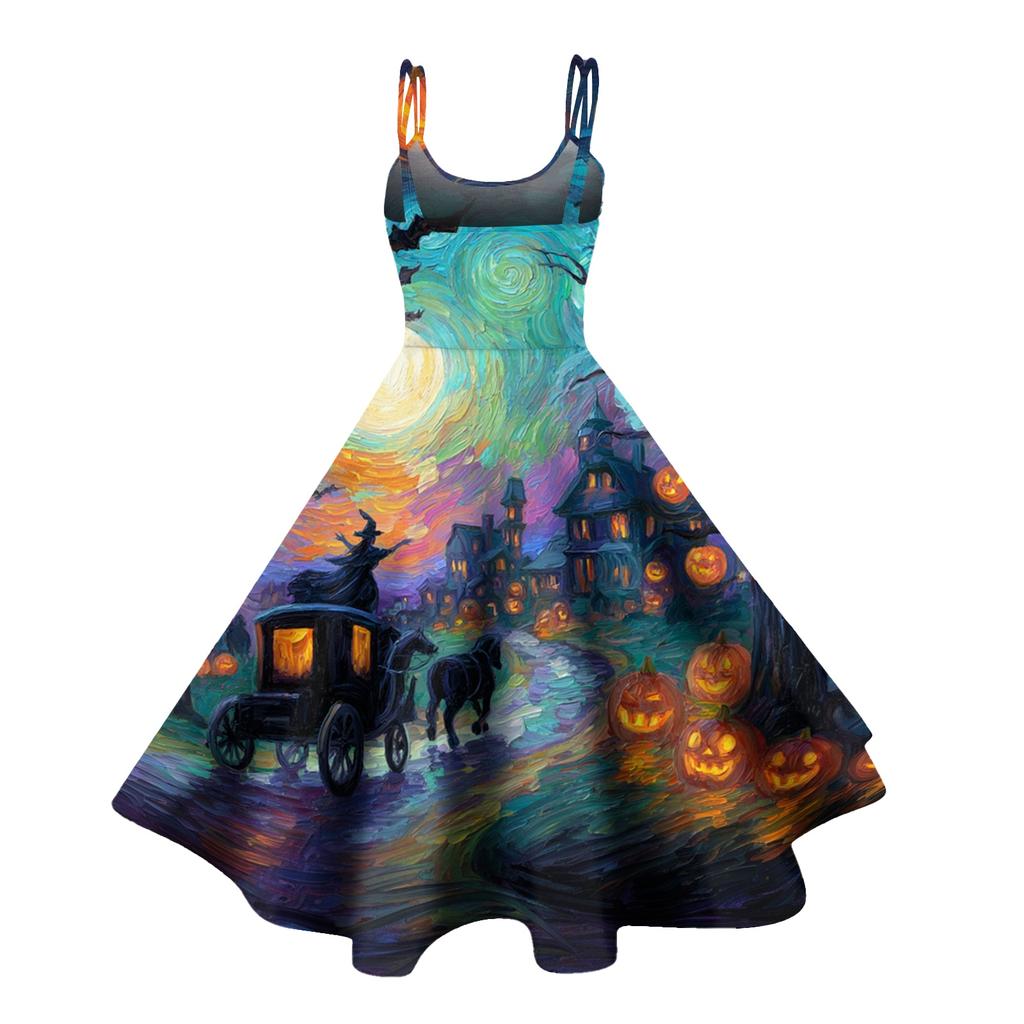 Women Halloween Print Off Shoulder Punk Vintage Dress Sleeveless Spaghetti Strap Fit and Flare Midi Dress for Party