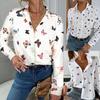Damen Bluse Modisch Bedrucktes Langarmshirt Schmetterling Bedrucktes Reversshirt