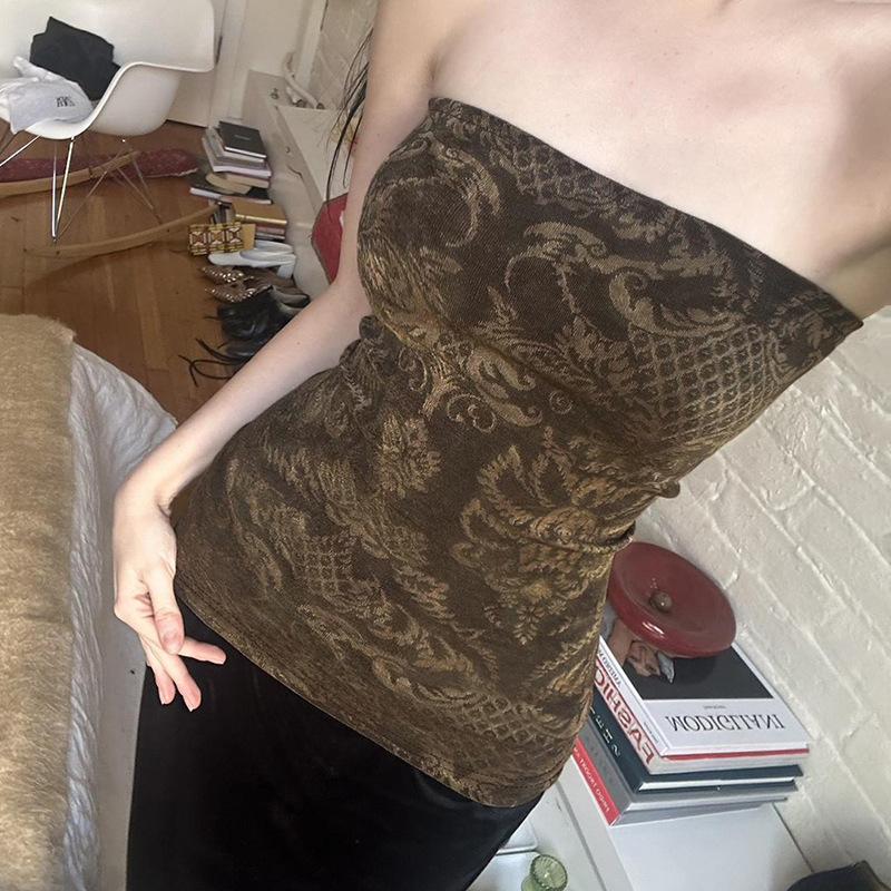 Retro Printing Inner Tube Top Outer Wear Women's Clothing Design Feeling Waist Ancient Breasts Spice Girl Top Women
