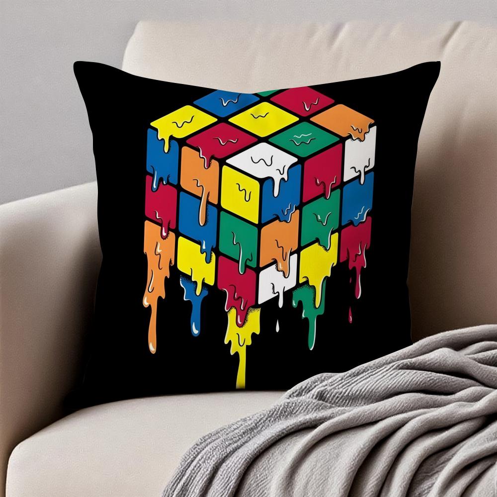 Creative Magic Cube Puzzle Design Art Cushion Cover Pillowcase Antidustmite Invisible Zipper Short Plush Sofa Cushion