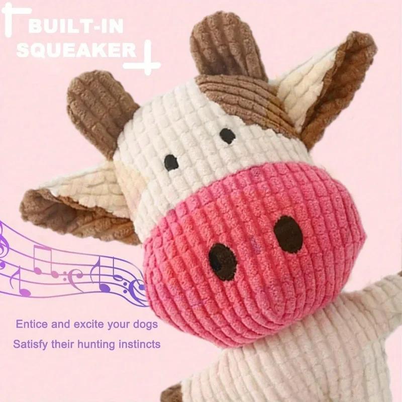 Squeaky Plush Dog Toy Cow Shape Corduroy Chew Bone with Squeaker for Puppy Teething Chewing Molar Training Interactive