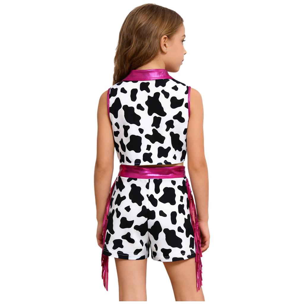 Mädchen Western Cowgirl Kostüm Metallisches Patchwork Ärmelloses Oberteil mit Fransen und Quasten-Shorts Outfit Set