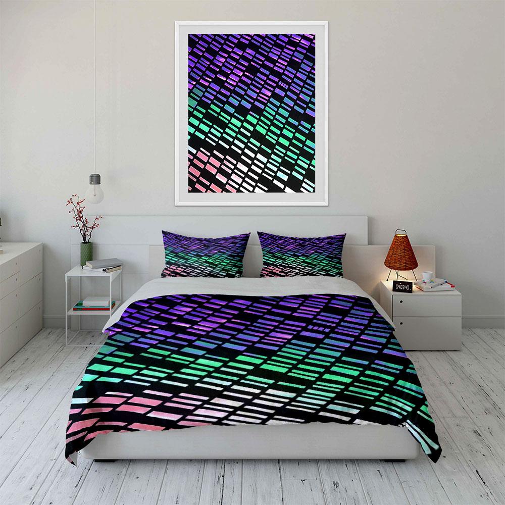 3Pcs Holographic Gradient Blocks Bedding Set, Iridescent Pattern Duvet Cover + 2 Pillowcases,Single Double King Queen, Gift