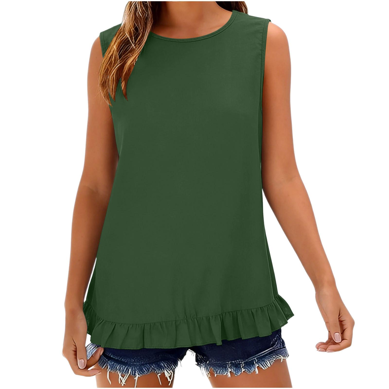 

Women s Sleeveless Button Down Shirt Casual Summer Blouse Loose Fit Round Neck Ruffle Hem Lightweight Top L