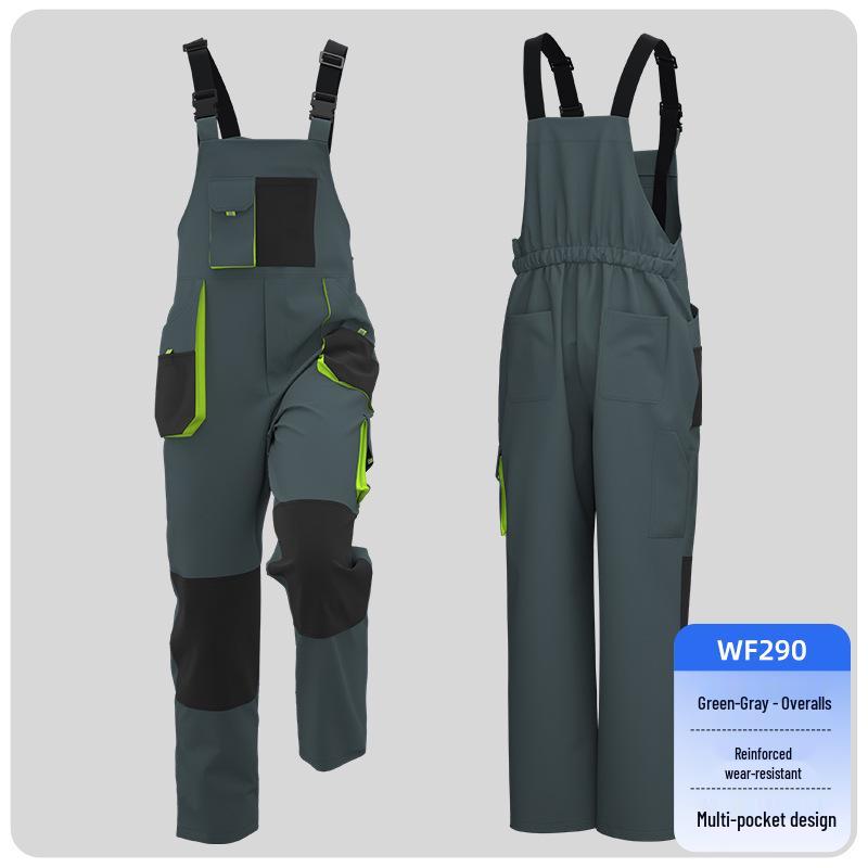 Cross-Border 3D Color-Block Multi-Pocket Hooded Strap Overalls for Labor Protection