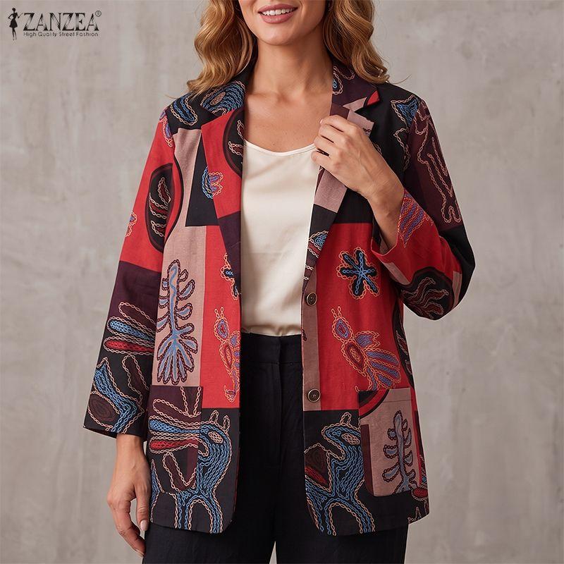 ZANZEA Damen Casual Langarm Print Baumwolle Leinen Cardigan Dünne Tops