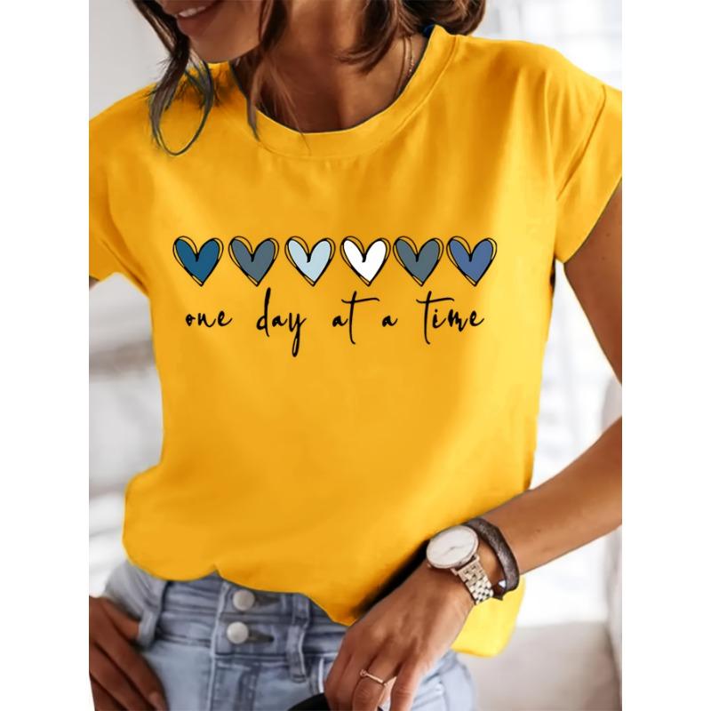 Women'S Casual Graphic T-Shirt - It'S One Day at a Time Heart Print, Short Sleeve Round Neck Top for Spring & Summer