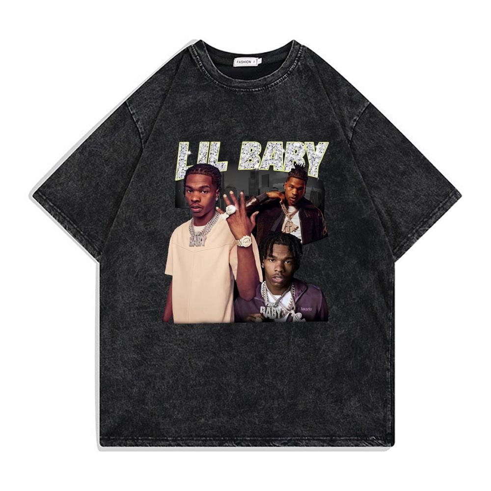Hip Hop Rapper Wash Vintage Black Lil Baby T Shirt Unisexs Fashion Oversized Tee Short Sleeve Regular Male Tshirt Unisex Streetwear