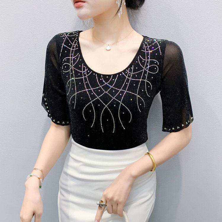 

Летняя европейская одежда Женская сетчатая футболка Сексуальные вырезы лодочкой Блестящие горячие бриллианты Топы Элегантная женская эластичная облегающая футболка Блузка M чёрный