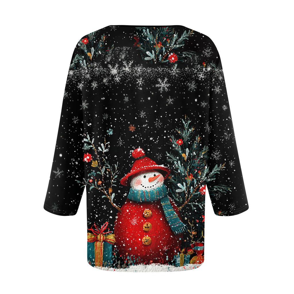 Women's Loose Comfortable Casual Fashion V-Neck Christmas Print 3/4 Sleeve Top