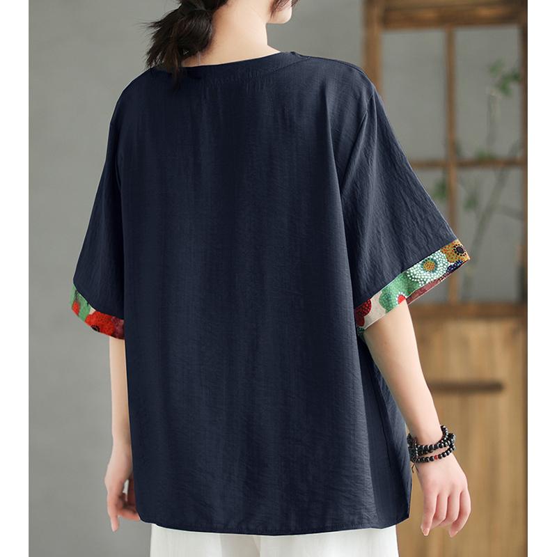 Vintage Bedrucktes Oberteil Locker Kurzärmeliges T-Shirt Damen Sommer O-Ausschnitt Lässig Einsätze Tasche Tee Tops Weiblich 2025 Neu