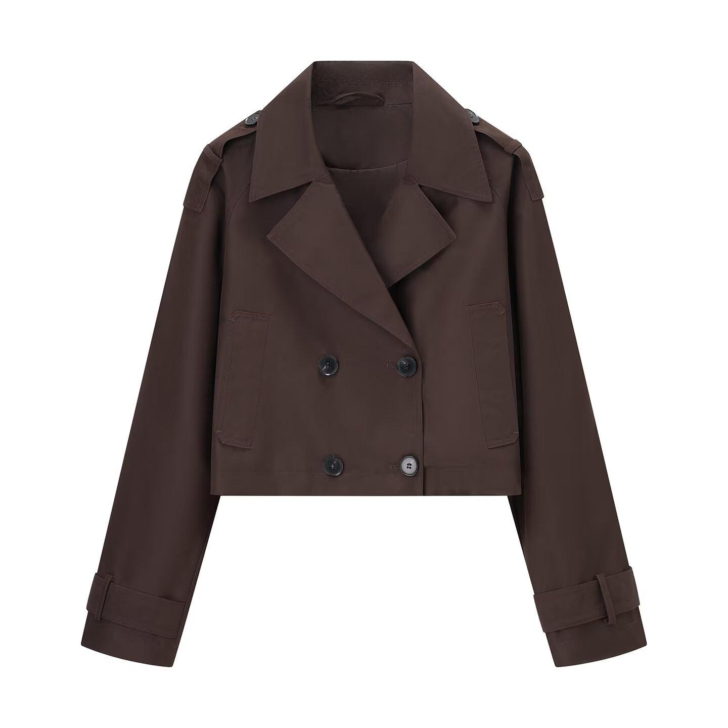 Kurzer zweireihiger Trenchcoat mit Reverskragen und Schulterklappen in Khaki & Braun S braun