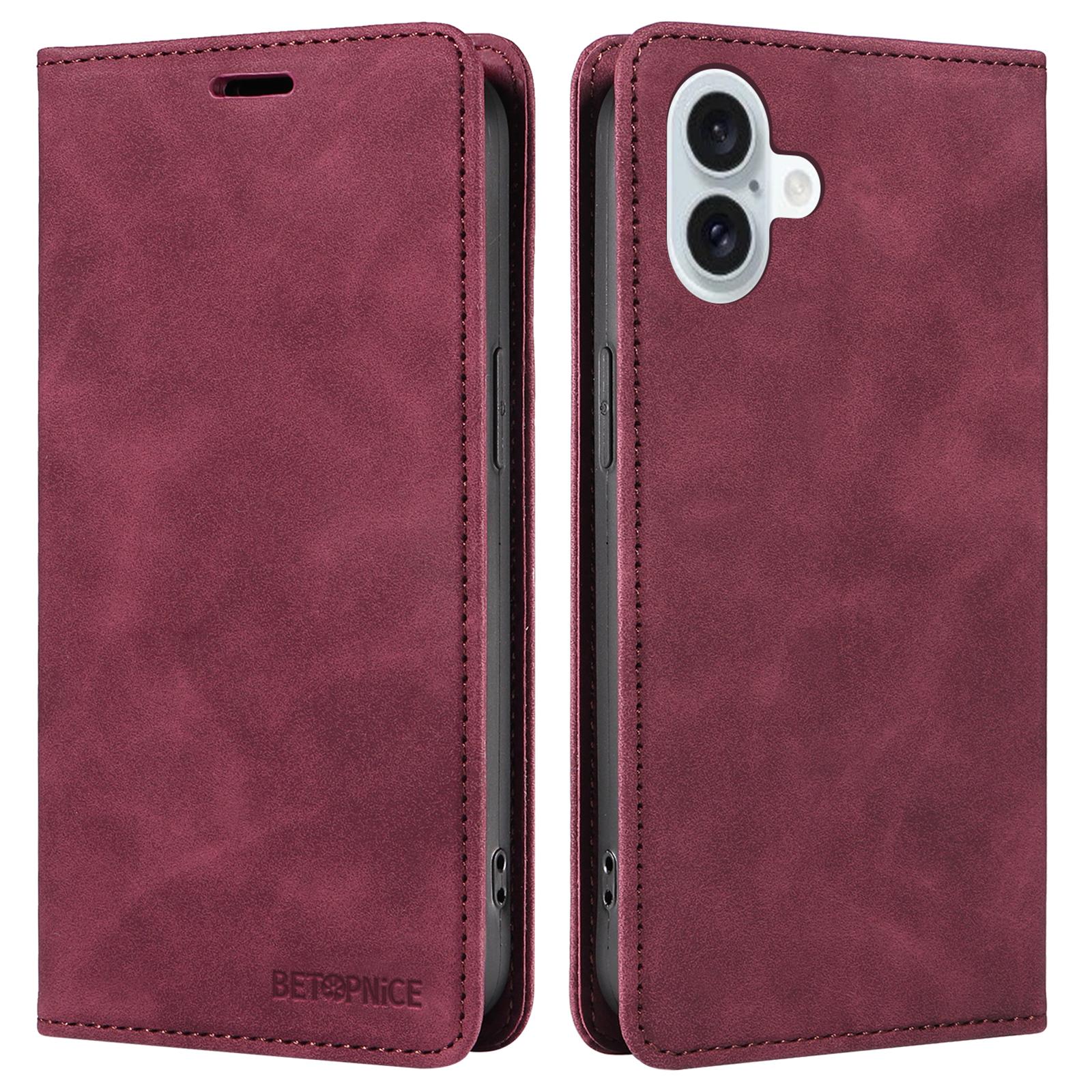 

BETOPNICE 003 For iPhone 16 Plus Case RFID Blocking PU Leather Phone Cover Red