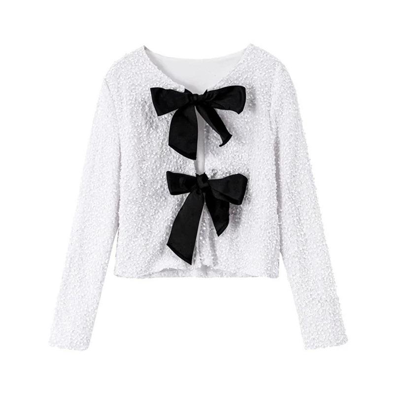 

Элегантный бант ручной работы с пайетками короткая рубашка женская на шнуровке блестящий сладкий топ новая мода длинный рукав О-образный вырез блузки красивое тонкое пальто повседневная верхняя одежда XL белый