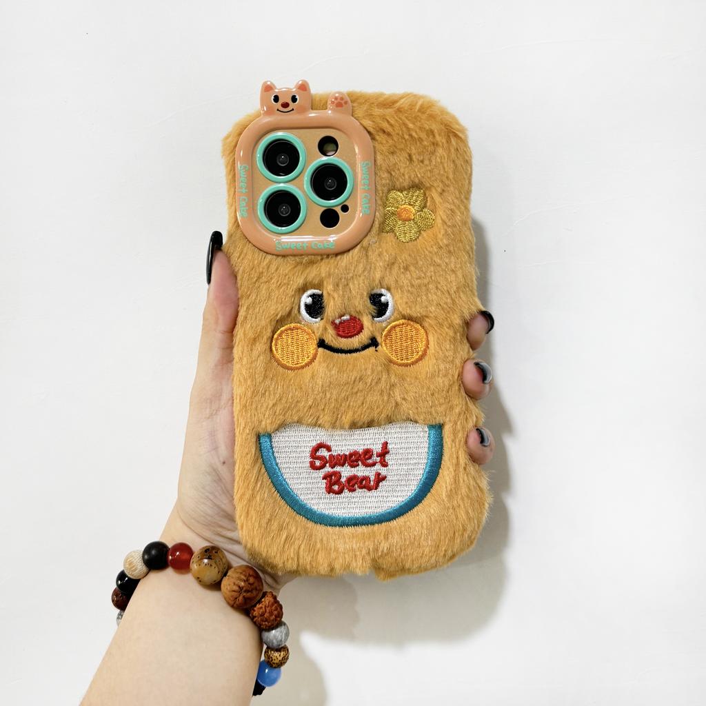 New Cartoon Cute Embroidered Bear Plush Phone Case for iPhone 16 Pro Max Fall Winter Warm Plush Phone Case