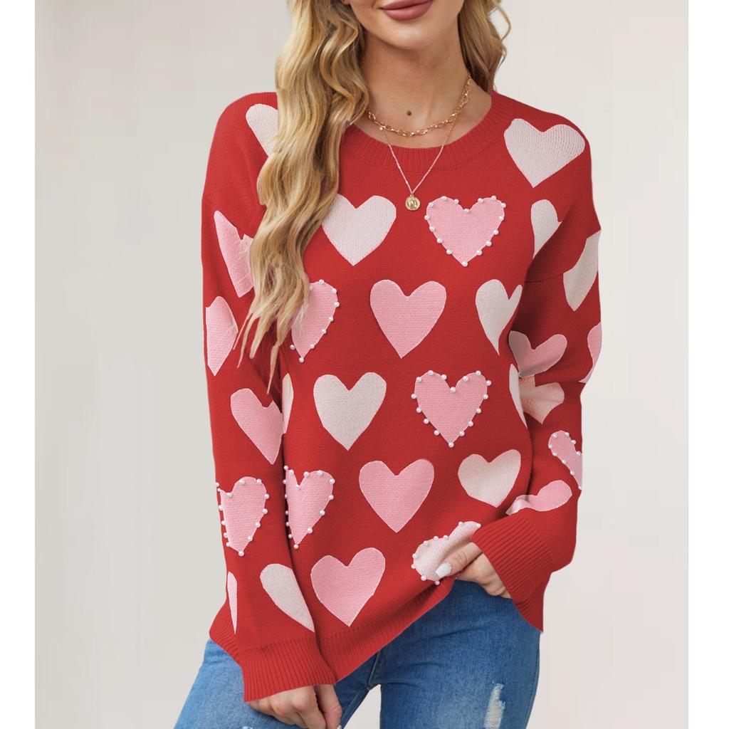 Women's Fashionable Casual Printed Round Neck Pullover Loose Long Sleeved Sweater Top