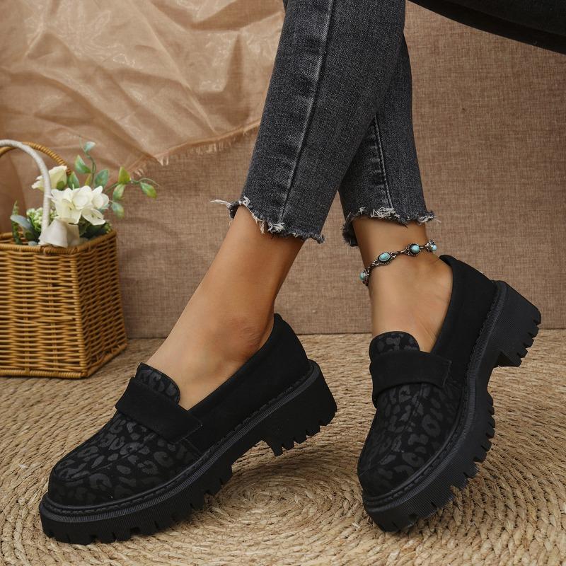 Women's Leopard Print Loafers New Platform Block Heel Fashion British Style Small Leather Shoes