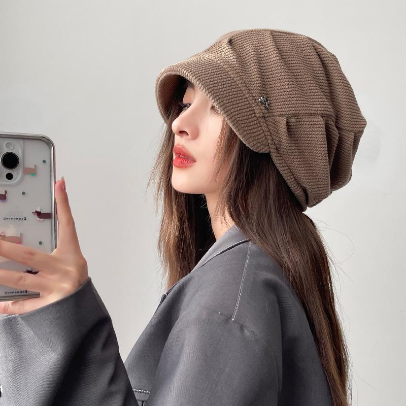 Spring and Autumn Thin Hat Women's Big Head Circumference Show Face Small Baotou Hat Casual Versatile Stacking Hat Warm Cold Hat