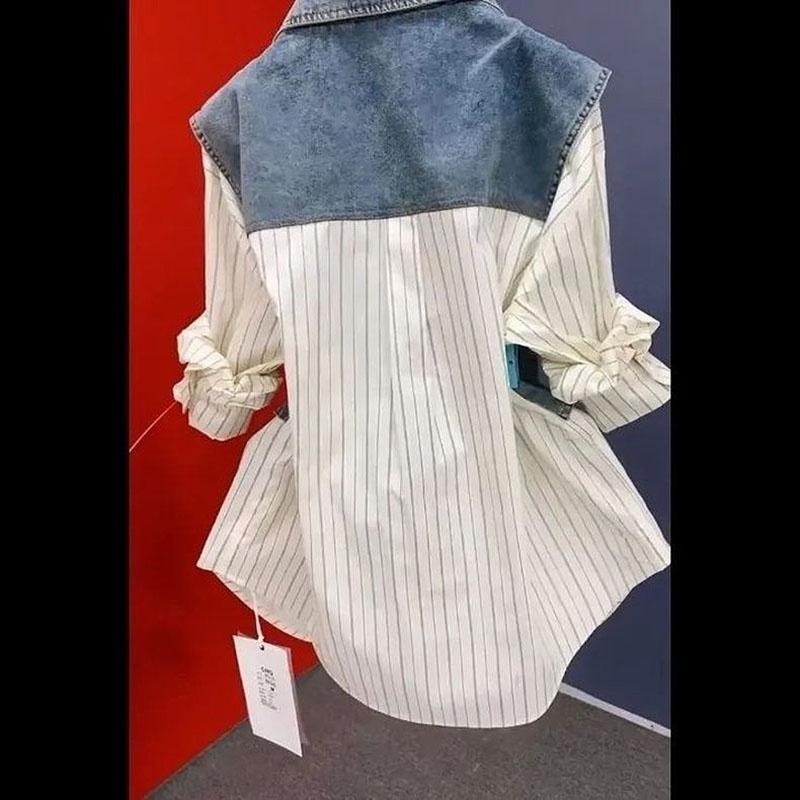 Korean Design Sense Striped Denim Jackets Shirt Women Spring Summer Splicing Fake Two Pieces Shirt Top Ladies