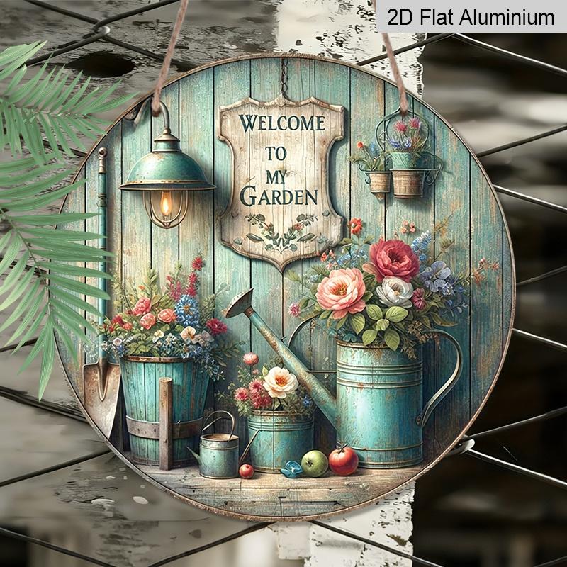 2D Flat - 1pc Round Vintage "Welcome to My Garden" Aluminum Sign - Rustic Floral Watering Can & Lantern Wall Plaque, Perfect for Rustic Style Wall Or