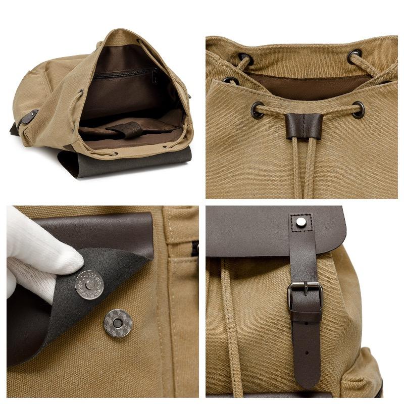 Men's Canvas Backpack Laptop Bag College Student Commuter Travel Drawstring Backpack Flip Cover School Bag Retro Backpack Men